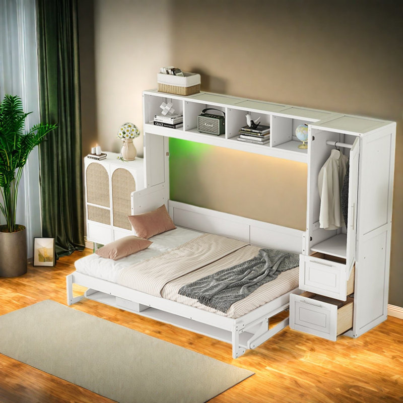 Lit escamotable peu encombrant avec rangement intégré, MDF blanc, maison moderne