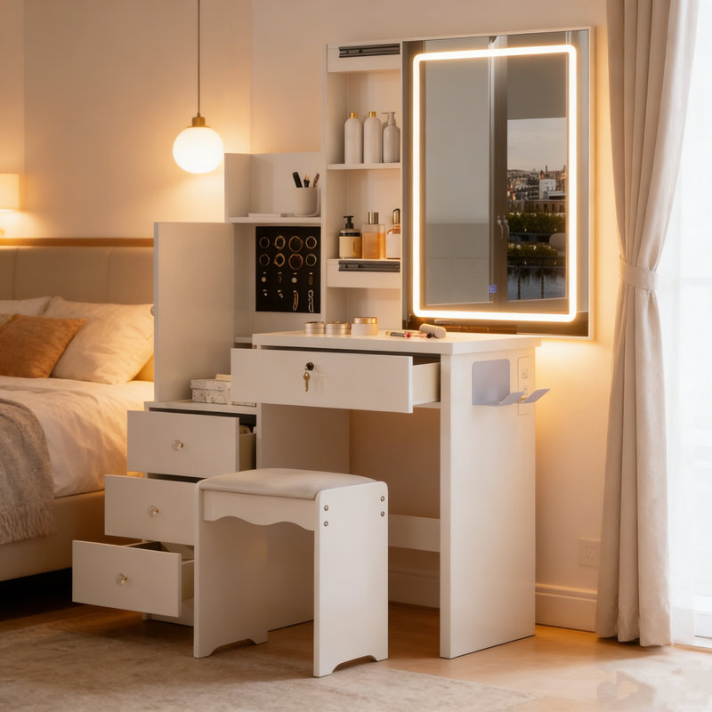 Bureau de coiffeuse avec lumières à DEL et station de charge