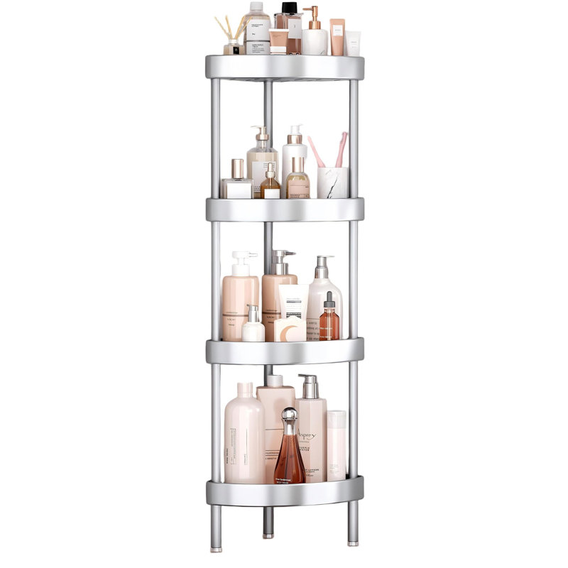 Étagère de douche d'angle à 4 niveaux en aluminium anodisé, pieds réglables en hauteur pour surfaces irrégulières, (argent)
