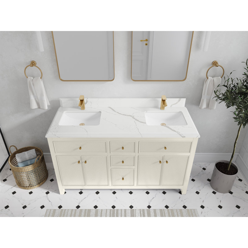 Meuble-lavabo double 60 po avec plateau en quartz Sonoma, Calacatta Laza