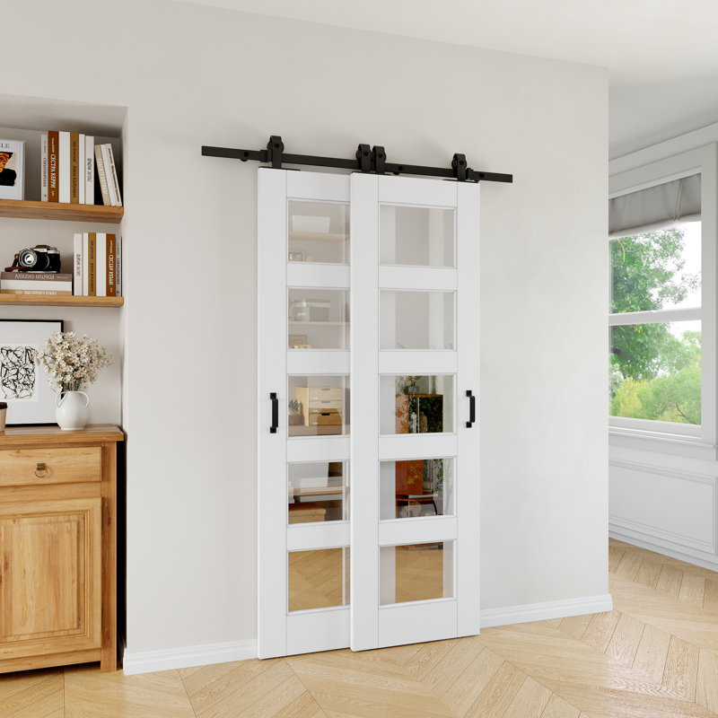 80" H X 40" W 5-Panel White Primed Clear Glass Solid Core Sliding Bypass Barn Door Double Doors With Hardware Kit - No Assembly