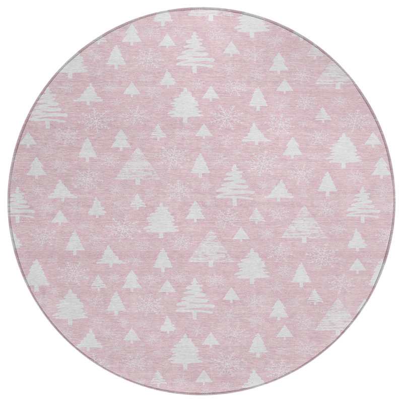 Machine Washable Indoor/Outdoor Christmas Tree Xhevrie Pink Rug, Round 8'