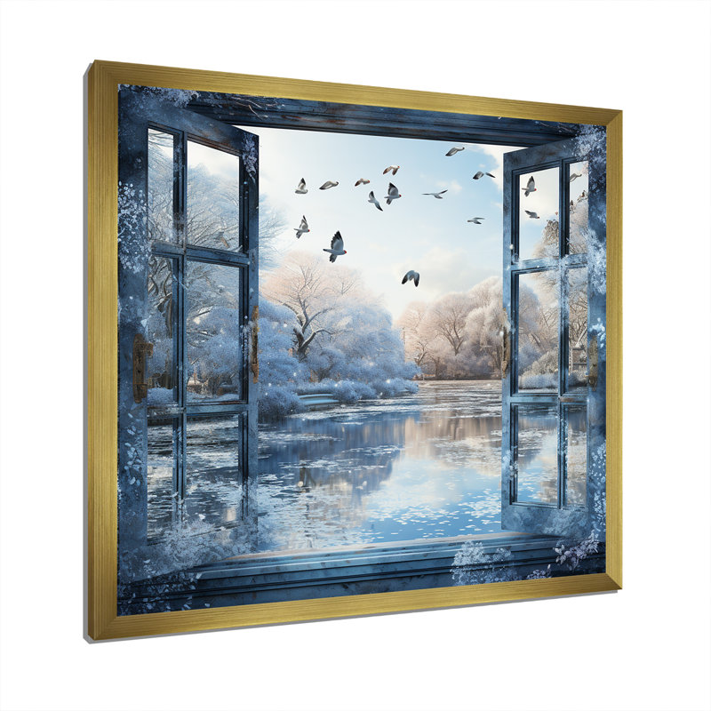 «Winter Window By The Lake - Winter Landscape», art mural, Cadre doré simple, H 16 po x l 16 po x P 1 po