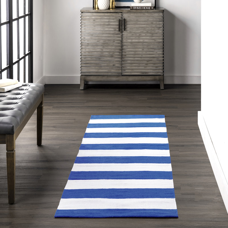 Tapis bleu / blanc en coton Massengale, Rectangle 3 pi x 5 pi