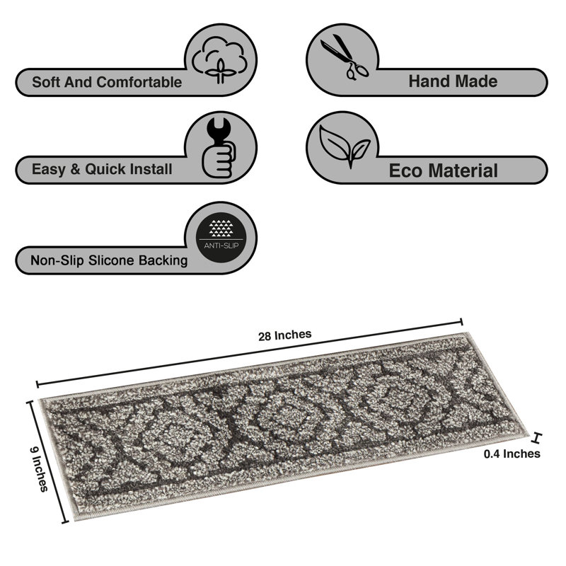 Tapis d'escalier gris Benaiah pour tapis d'intérieur à motif floral lavables à la machine, Paquet de 14