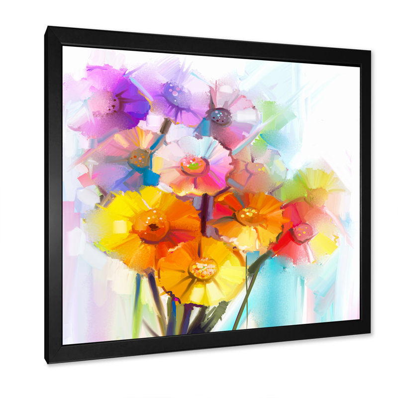 Gerbera jaune et rose, bouquet de roses - reproduction de cadre photo sur toile, Cadre noir, H 16 po x l 16 po x P 1 po