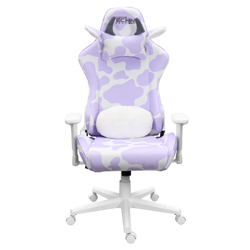 Lavender and White Velvet Ergonomic Gaming Chair with Cow Print