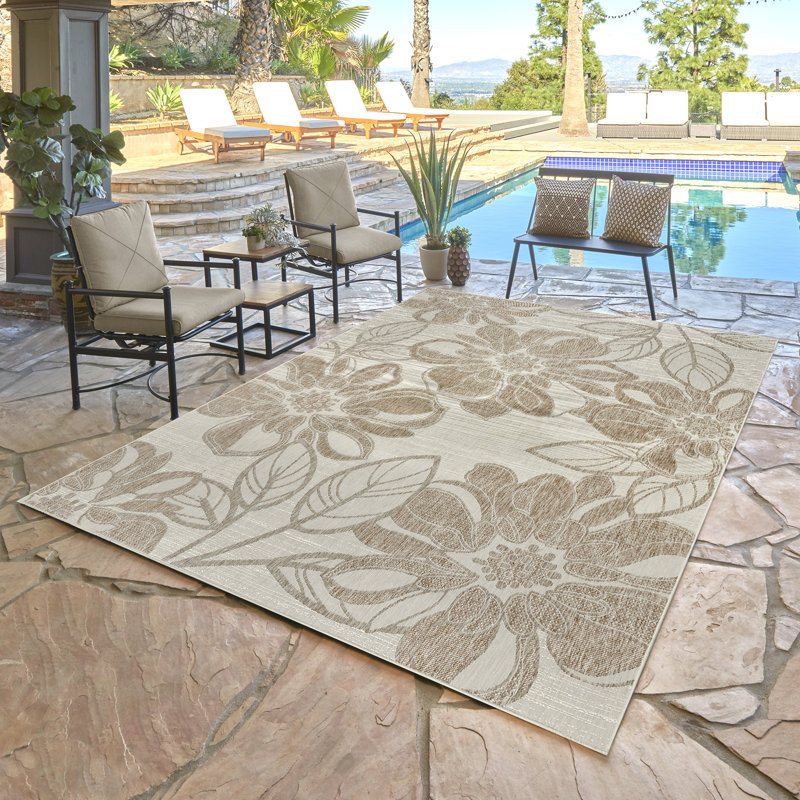 Tropea Arda All-Weather Flatweave Indoor/Outdoor Area Rug, Beige Cream Bold Floral – Patio, Deck, Porch & Poolside