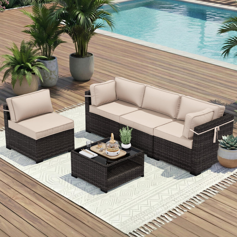 4-Person All-Weather Wicker Modular Patio Conversation Set with Thick Supportive Cushions, Beige