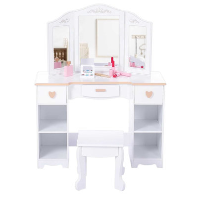 Kids Vanity Table And Chair Set, Princess Makeup Vanity With Mirror And Drawer,Vanity Set With Pretend Wood Makeup Playset, For 3-9 Yr(White) by Harriet Bee
