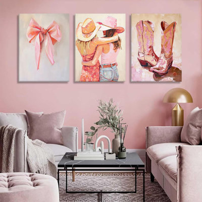 3Pcs Pink Cowgirl Canvas Wall Art Western Boots Coquette Bow Girls Painting Picture Wall Decor Preppy Girly Posters Print Artwork For Girls Bedroom Aesthetic Apartmen Girly Dorm Decor 16X24in