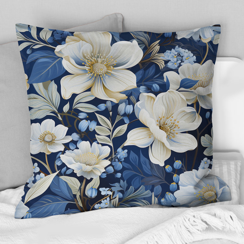 Icy Blue Snowy White Flowers Scenery I - Floral Printed Throw Pillow, 16"H x 16"W
