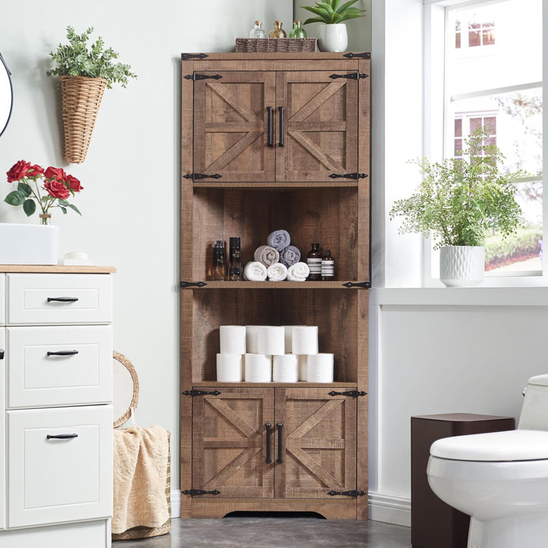 Geidy 67" Kitchen Pantry Corner Display Cabinets with Adjustable Shelves and Open Storage, Tan