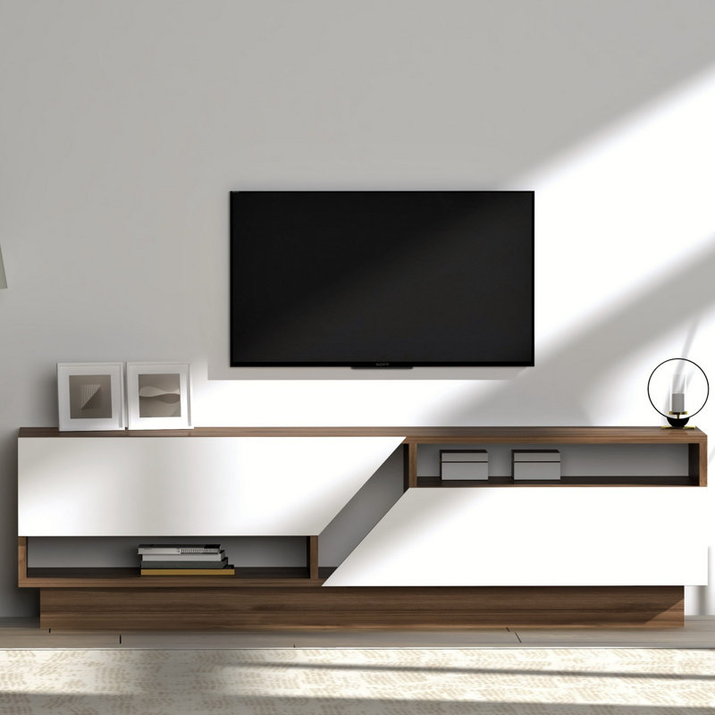 Meuble télé moderne avec nombreuses tablettes, noyer et blanc, 63,0 po x 17,7 po x 15,7 po | 100% panneau de particules enduit de mélamine, 0,7 po d'épaisseur | Solution de rangement élégante pour le salon et les espaces de divertissement
