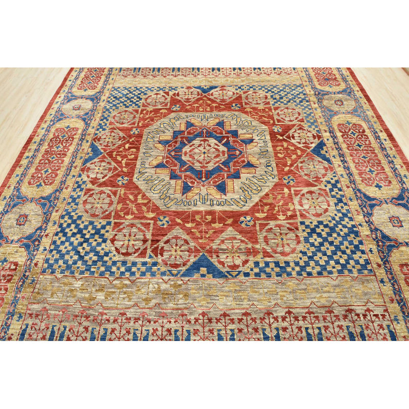 Tapis orange / beige / bleu en laine noué à la main de conception unique 10 pi 2 po x 14 pi 1 po New Age