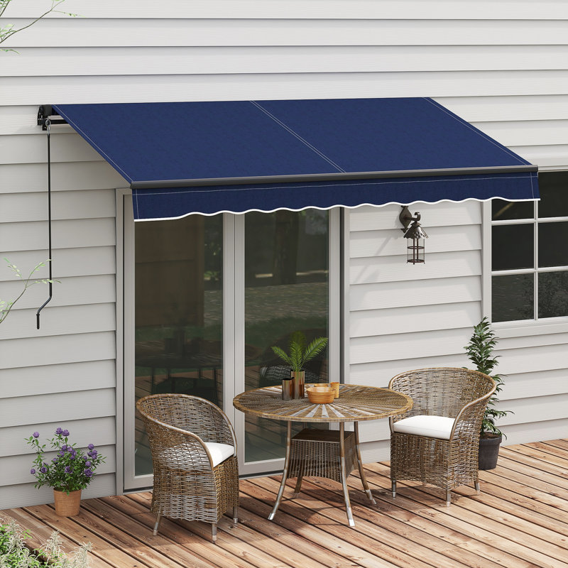 Outsunny Polyester Cover Retractable Patio Awning, Blue, Solid Color, 116.1" W x 97.2" D