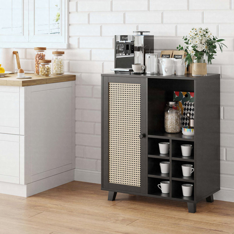 Buffet avec rangement et porte-bouteilles, armoire à portes en rotin avec tablettes ouvertes, Noir