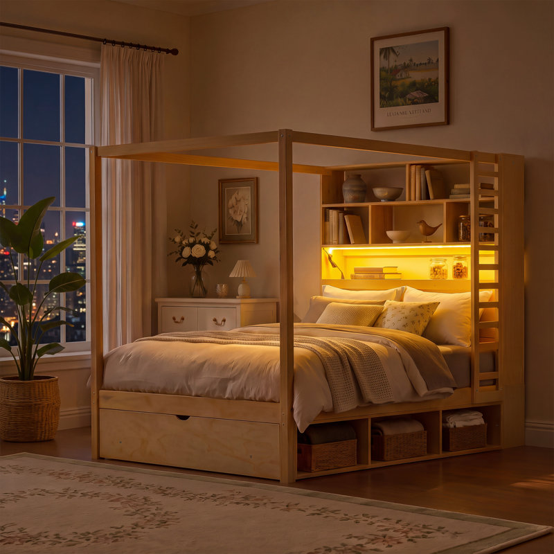 Lit à baldaquin en bois avec bibliothèque, prises USB, éclairage DEL, compartiments de rangement, tiroirs et penderie., Full