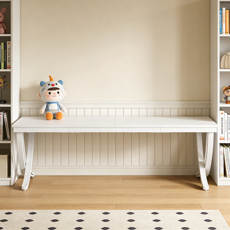 Nordic-Style All-White Curved-Leg Office Desk With Minimalist Design For Small-Space Home Offices & Bedrooms, White/White