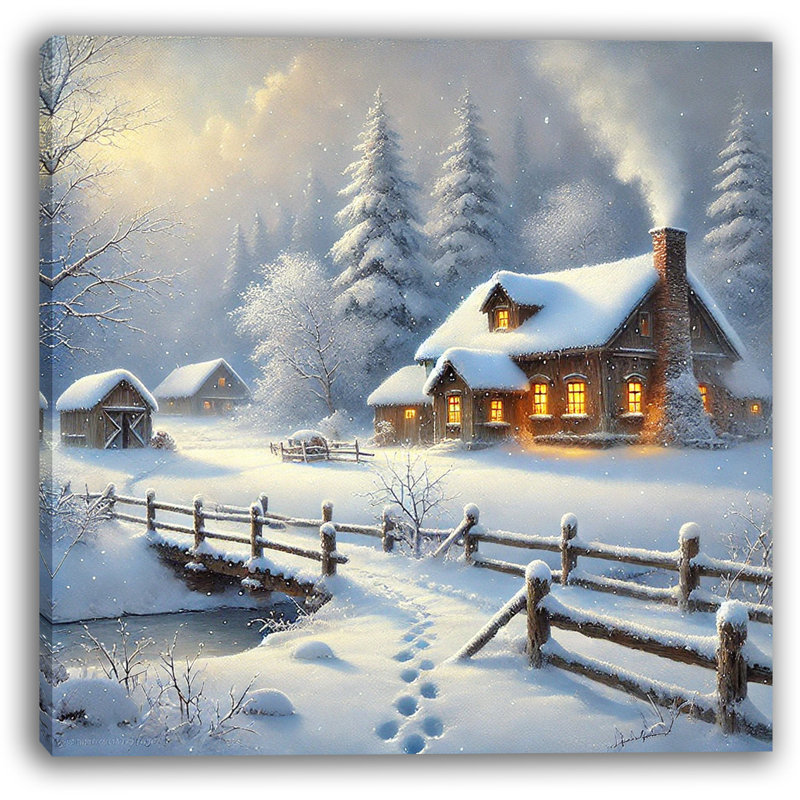 «Cozy Winter Retreat: Illuminated Cottage», impression sur toile, H 40 po x l 40 po x P 1,5 po