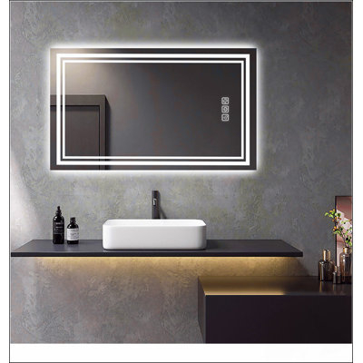 Miroir de salle de bain pour salle de bain avec façade et rétroéclairage, désembuage 5 minutes, gradation réglable en continu de 3 couleurs, CRI90 +, fonction mémoire