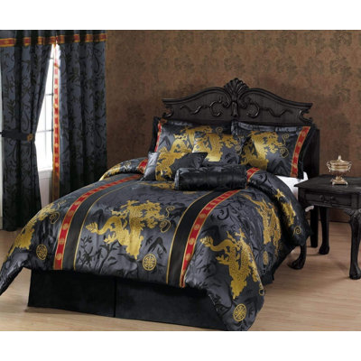 7-Piece Palace Dragon Black Gold Red Jacquard Comforter Set