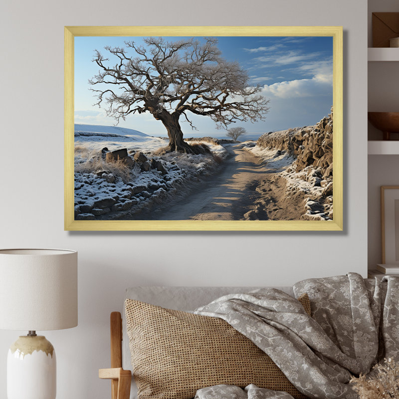 Paysage campagne d'hiver sur toile, Cadre doré simple, H 30 po x l 40 po x P 1,5 po