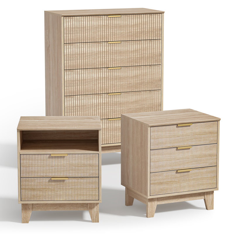 Ensemble de chambre à coucher 3 pièces, commode ouverte à 5 tiroirs, table de chevet à 3 tiroirs