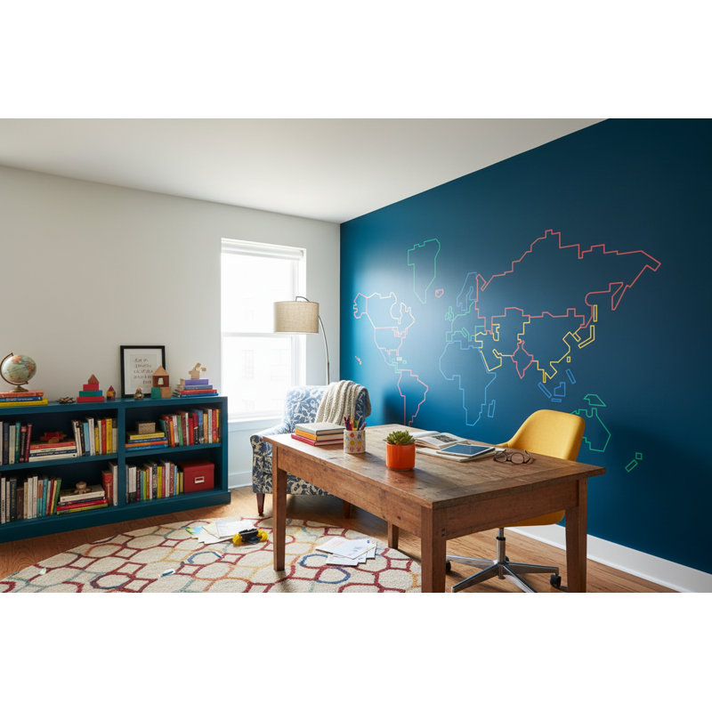 Papier peint carte du monde moderne abstrait, L 96 po x l 100 po, Marine