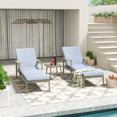 Chaise longue de patio en aluminium 2 pièces avec table d'appoint et coussins