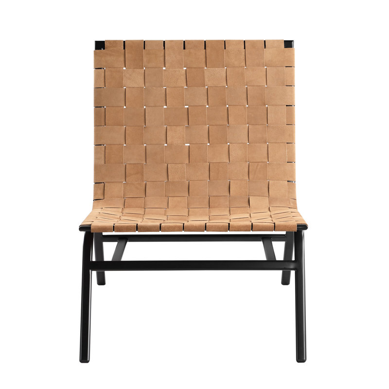 Fauteuil d'appoint en cuir brun - sangles de tissage de panier et base en métal tissé de conception moderne avec mousse