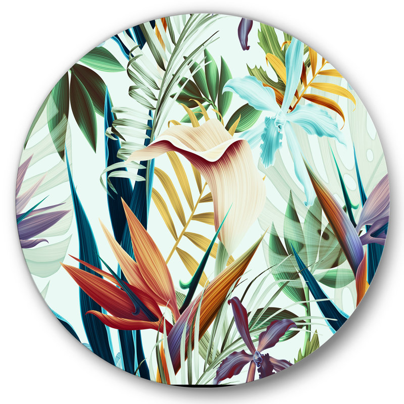 Fleurs tropicales rétro I - Art mural cercle tropical en métal, H 11 po x l 11 po x p 1 po