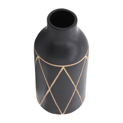 Vase Stoneware Ceramic Geometric Pattern 16 Inch Black Boho Home Office Bedroom Living Room Decor.