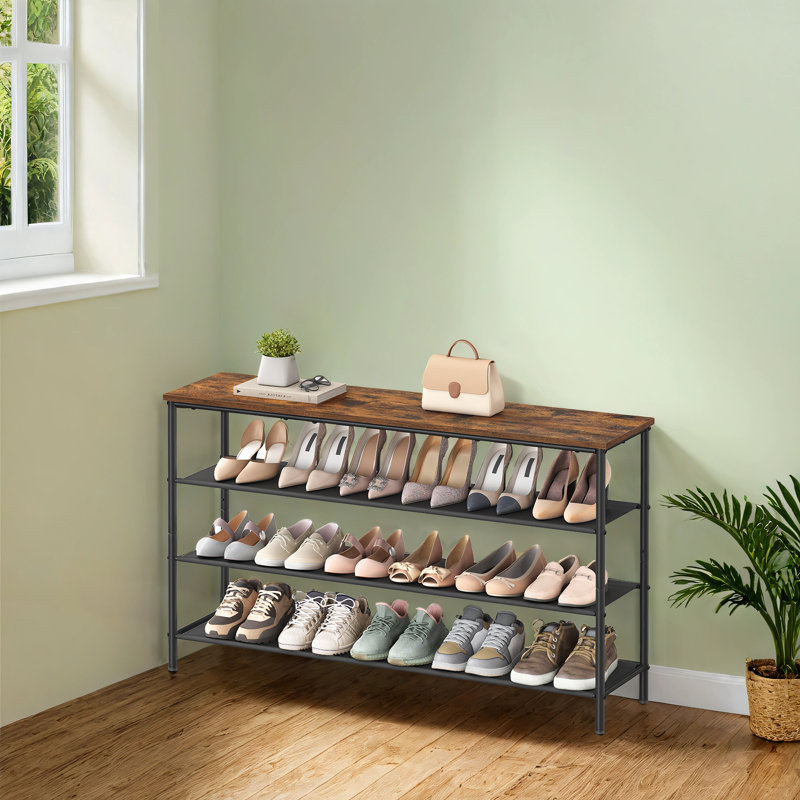 Range-chaussures, range-chaussures à 4 niveaux pour 15 à 18 paires de chaussures, range-chaussures pour l'entrée, avec 3 tablettes en tissu et plateau en bois, structure en acier, industriel
