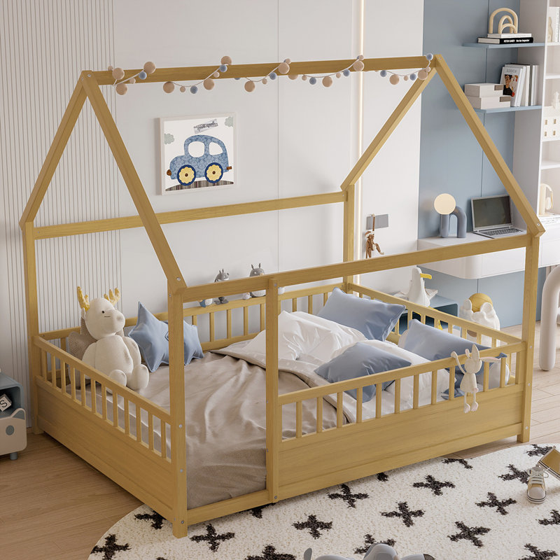 Lit de plancher en bois avec cadre de toit de maison, Naturel, Lit double