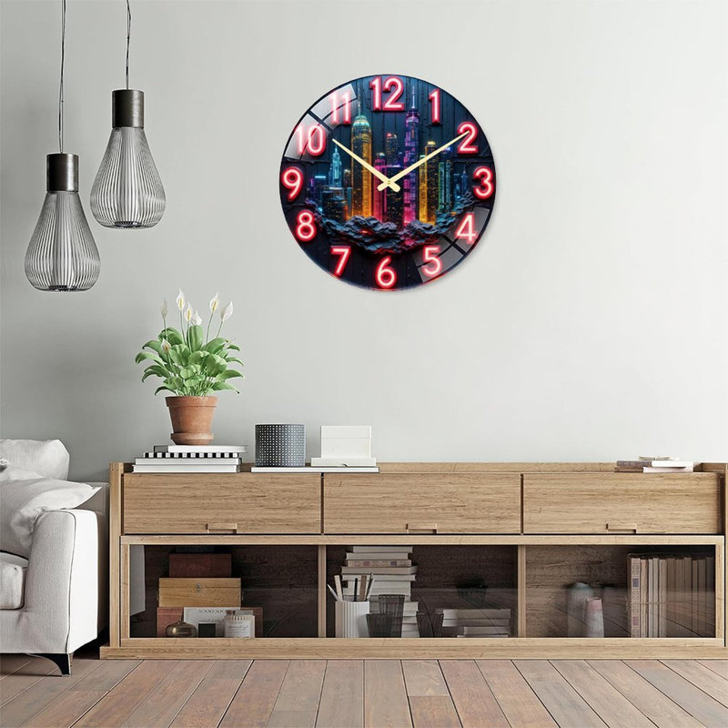 Horloge murale décorative Neon City Skyline - 61 cm (24 po) - Horloge murale moderne en verre