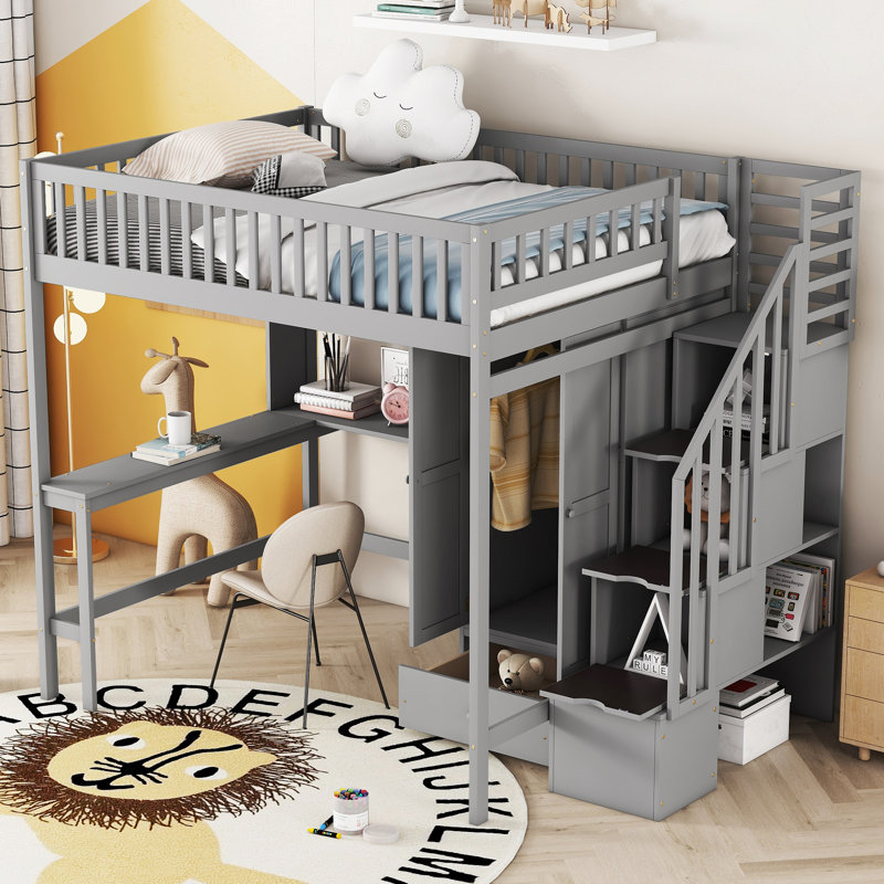 Lit mezzanine simple avec bureau, garde-robe, bibliothèque et tiroirs - Lit mezzanine pour enfants avec bureau en bois massif - gris