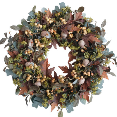 61cm (24 Inch) Handcrafted Artificial Autumn Wreath for Front Door, Faux Wreath with Brown‑Green Maple Leaves & White Fruits, Indoor‑Outdoor Farmhouse Decoration for Courtyard, Window, Fireplace, Office, Halloween, Thanksgiving & Party Home Décor