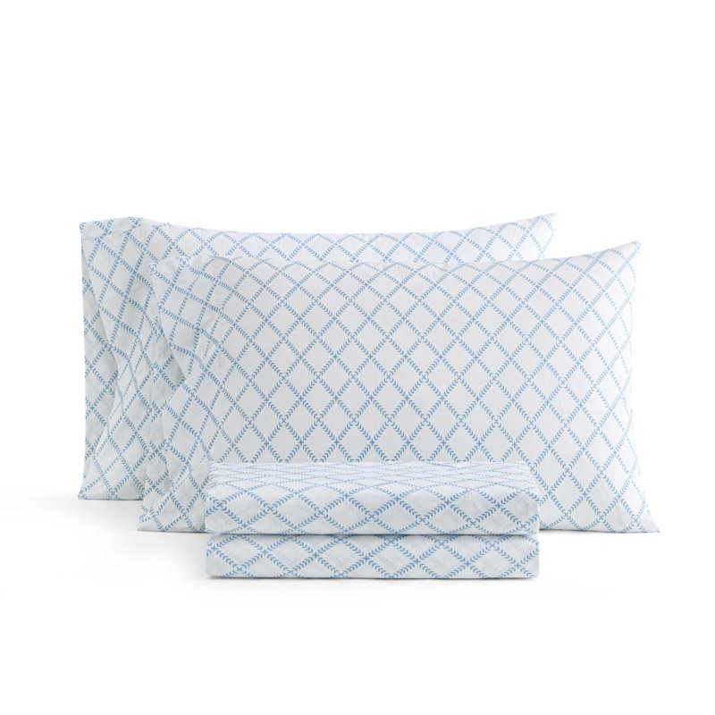 Martha Stewart Cotton Percale  Sheet Set, Queen Sheet Set with 2 Pillowcases, Leaf Trellis Blue