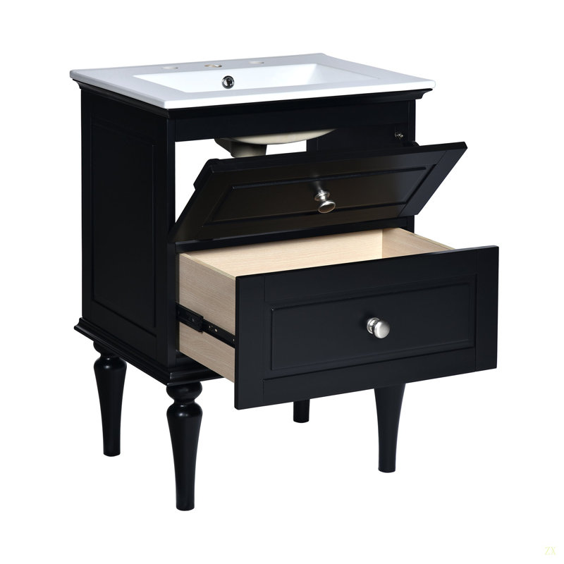 Ensemble de meuble-lavabo 24 po avec lavabo en céramique, armoire de rangement moderne avec 2 tiroirs et cadre en bois massif