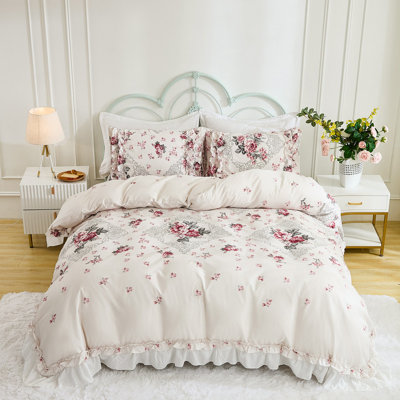 Floral Comforter Set King Size Ruffle Vintage Rose Bedding Duvet Set Farmhouse Cottage French Countryside Coquette Bedding Soft Lightweight Red Flowers Printed Shabby Bed Comforter 3 Pcs