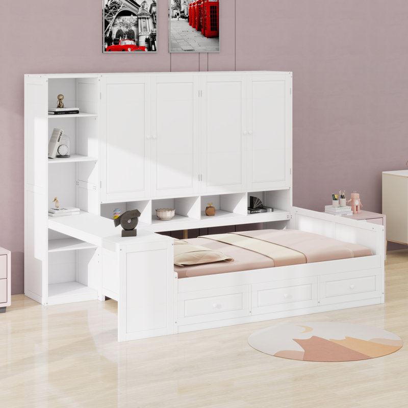 Wooden Daybed With Three Drawers, And All-In-One Cabinet, Desk And Shelves, White