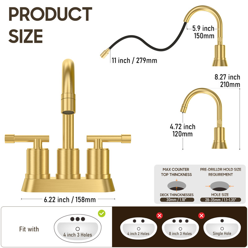 Robinet en or brossé pour lavabo de salle de bain, 4 pouces, 2 poignées, 3 trous, bonde escamotable en acier inoxydable et lignes d'alimentation