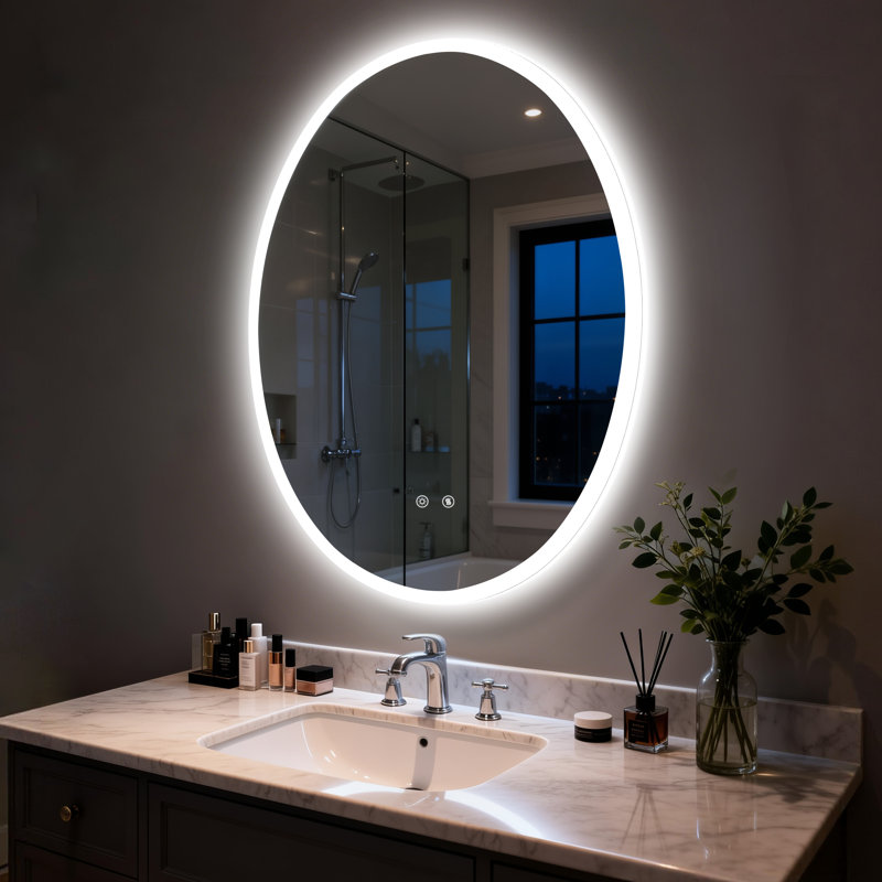 Oval LED Lighted Bathroom Mirror Backlit with Defog Memory Function , 70x90cm