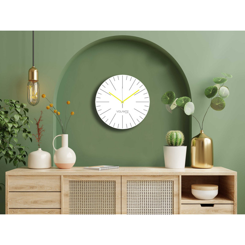 Elegant Decorative Wall Clock, 13.8 Inches Diameter, White & Yellow | 100% Plastic Frame, Real Glass Cover, Thickness: 1.8 Inches | Stylish Home Decor for Living Room, Kitchen & Office, Eye-Catching Design