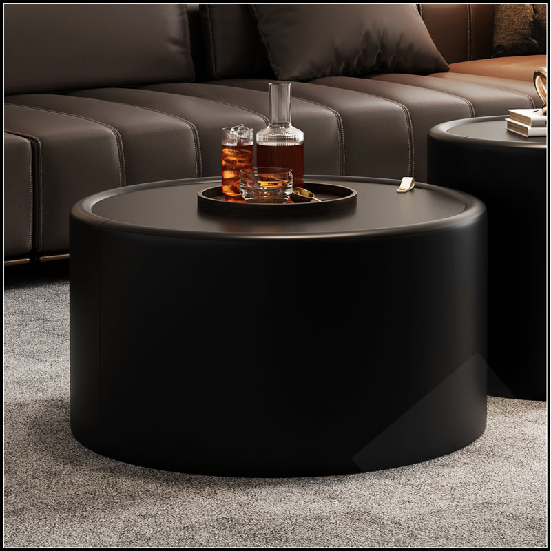Table basse ronde avec plateau en verre trempé, structure en similicuir et rangement caché pour les salons modernes, Noir