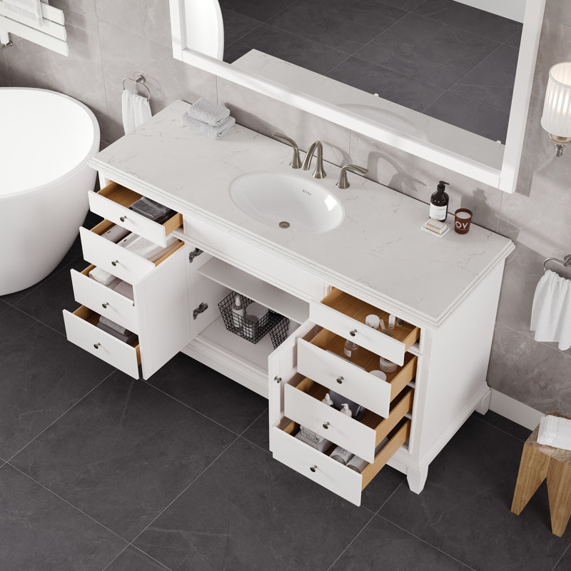 Ensemble de meuble-lavabo simple 60 po avec plateau en quartz Carrara et lavabo sous-comptoir en porcelaine Elite Stamford