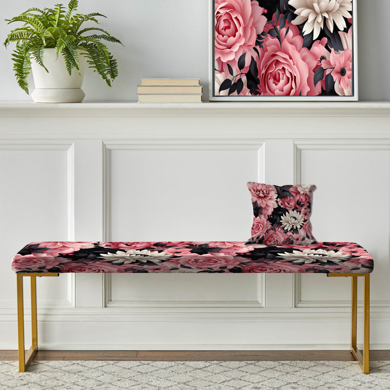 Floral Upholstered Gold Bench, Pink Love Peonies Damask Poetry I