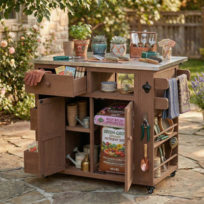 Îlot de cuisine extérieur de 41,9 po de largeur avec plateau en acier inoxydable extensible - Table de préparation pour barbecue de 19,3 po à 28 po de profondeur - Chariot de barbecue en bois de sapin massif avec rangement pour réservoir de propane - Noir