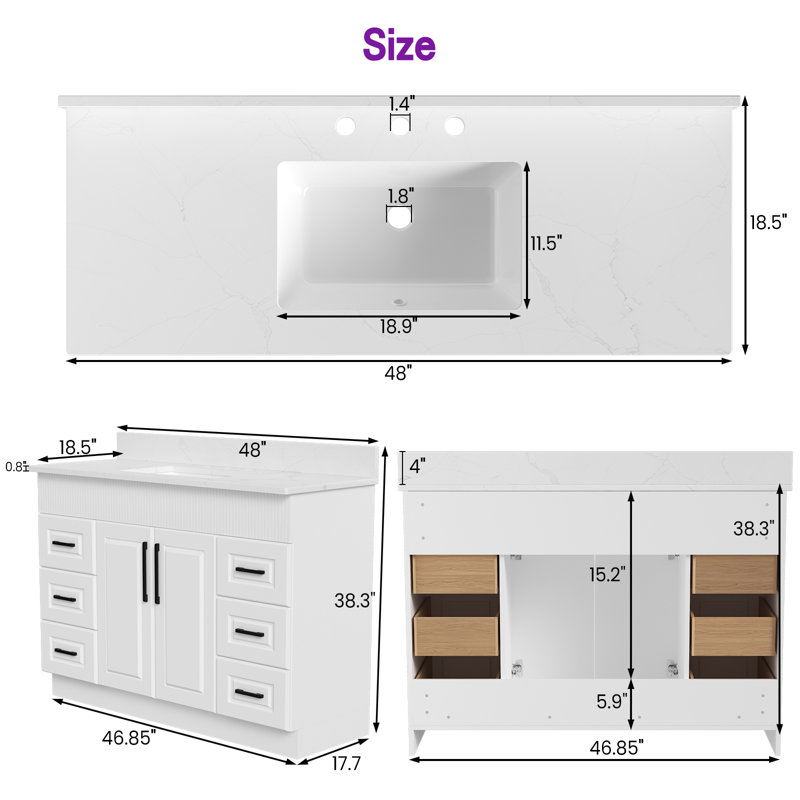 Rustic 48" Bathroom Vanity With Sink,quartz Countertop,back Splash